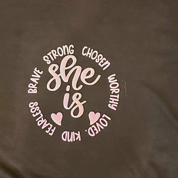 Black Tshirt soft light weight short in front, She Is - Picture 1 of 6